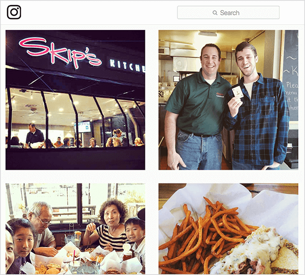 Detta är en skärmdump av Instagram-foton taggade #skipsdiner. En visar utsidan av restaurangen, en visar en man som håller ett kort som om han har vunnit Joker-spelet, en visar en familj som äter vid ett bord och en visar maten någon beställde. Jay Baer säger att Joker-spelet är ett exempel på en talk-trigger.