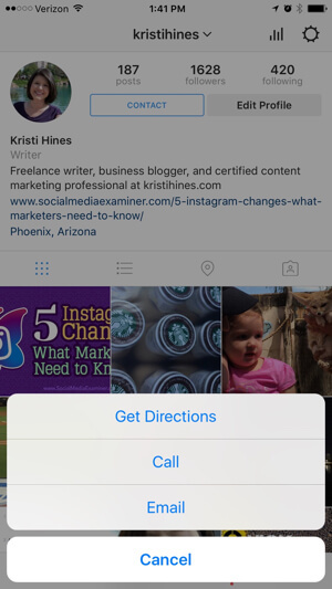 instagram affärsprofil kontaktalternativ