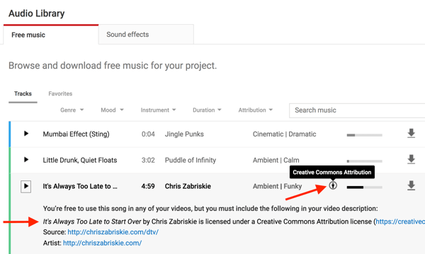 Musikfiler i YouTubes ljudbibliotek noterar om du behöver kreditera den ursprungliga skaparen.