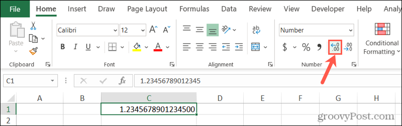Stoppa Excel-avrundningsnummer med knappen Öka decimal