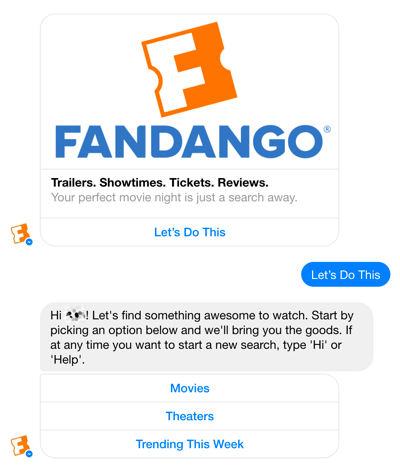 Fandangos Facebook Messenger chatbot hjälper användare genom filmval.