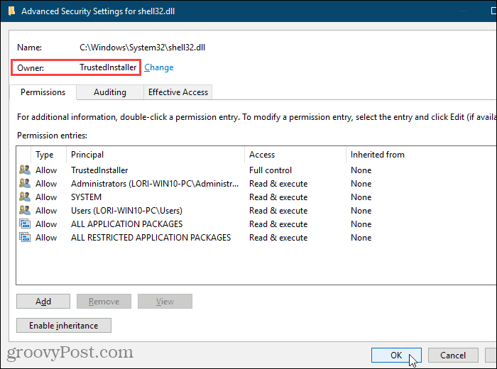Stäng dialogrutan Avancerade säkerhetsinställningar i Windows Registry Editor