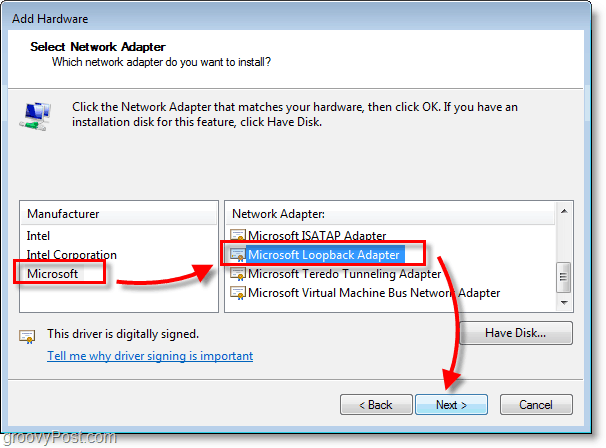 Windows 7 Networking Screenshot Välj microsoft> microsoft loopback adapter