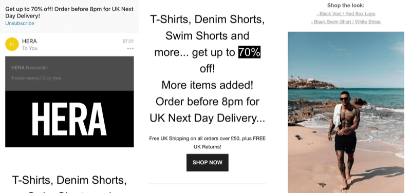 Strategi för marknadsföring av sociala medier; Skärmdump av en fantastisk flash-försäljningskampanj via e-post från Hera London (modemärke).