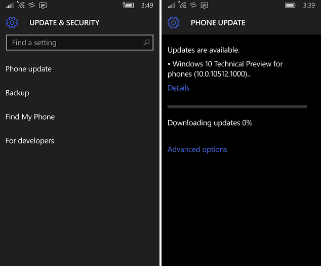 Windows 10 mobiluppdatering