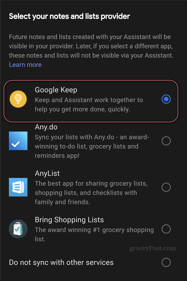 Google Assistant Google Keep-inställningsanteckningsleverantör