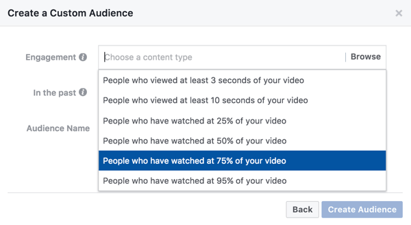 För en anpassad målgrupp baserad på videoengagemang kan du välja hur mycket av din video någon behöver titta för att se din retargeting-annons.