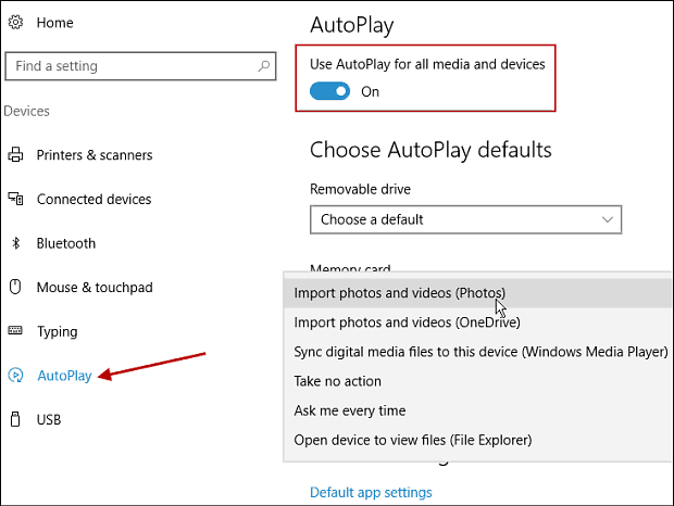 Hantera AutoPlay i Windows 10 årsdaguppdatering