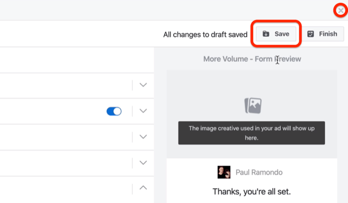Spara-knapp för att spara Facebook-leadformulär som utkast