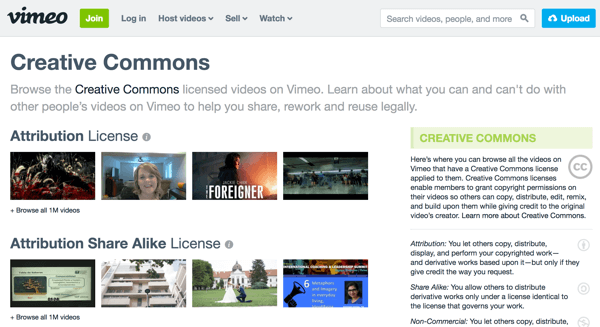 Vimeo grupperar videofilmer efter licenstyp och innehåller förklaringar av varje typ till höger.