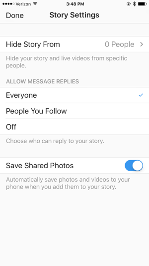 Kontrollera inställningarna för Instagram Story innan du går live.