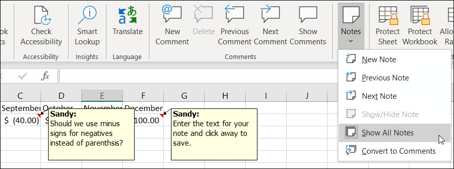 Visa alla anteckningar i Excel