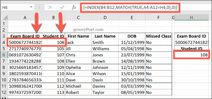 Ett exempel på en kombinerad INDEX- och MATCH-formel i Excel