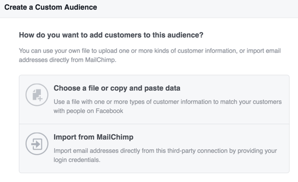 Välj hur du vill ladda upp kundinformation för att skapa din anpassade Facebook-publik.