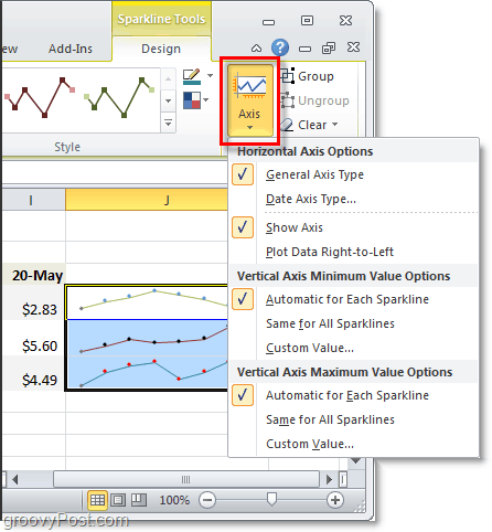 ändra tändstångens axel i Excel 2010