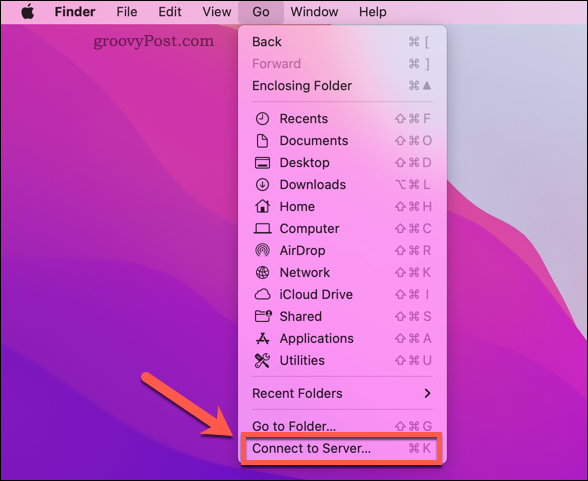 Öppna alternativet Mac Finder Anslut till server