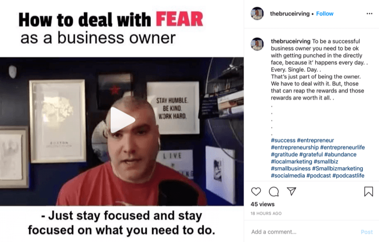 Bruce Irving Instagram-inlägg om hur man hanterar rädsla som företagsägare