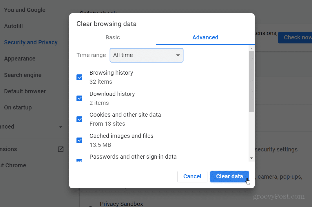 rensa chrome-data fixa err_cache_miss i google chrome