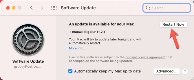 Starta om en Mac för att starta en systemuppdatering