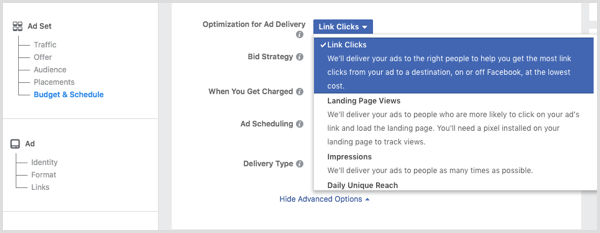Välj Länkklick från listrutan Optimering för annonsvisning när du ställer in din Facebook-annons.