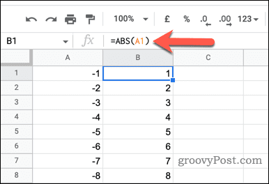 Använda ABS-funktionen i Google Sheets
