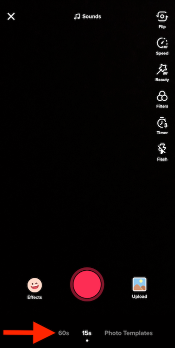 15- och 60-talalternativ på TikTok-skärm för videoskapande