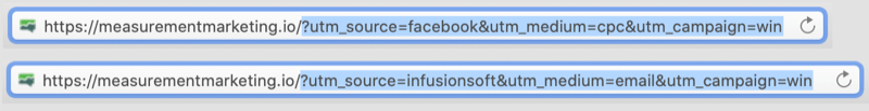 exempel på webbadresser med utm-taggar kodade in med utm-delen av webbadresserna markerade som visar facebook / cpc och infusionsoft / email som parametrar för kampanjen för vinst