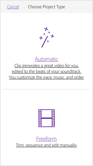 Välj Automatisk om du vill att Adobe Premiere Clip ska skapa en video åt dig.