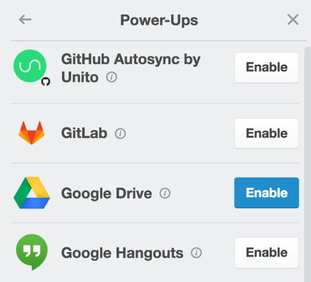 Aktivera Google Drive-start för att bifoga innehåll från ett Google Doc direkt på kortet.