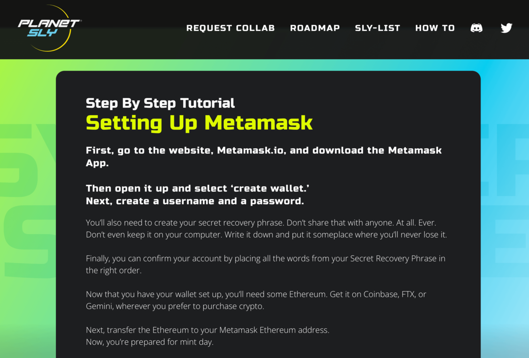 bild av Metamask-handledning på PlanetSLY-webbplatsen