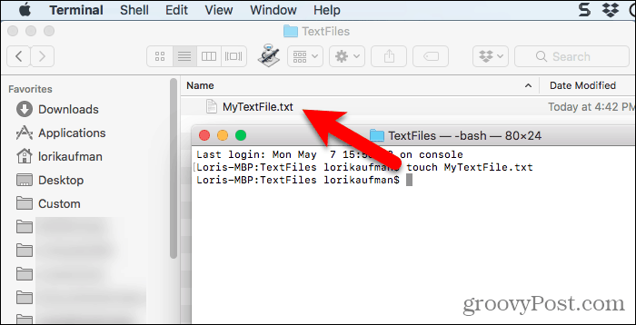 Textfil skapad med pekskommando i terminal på Mac