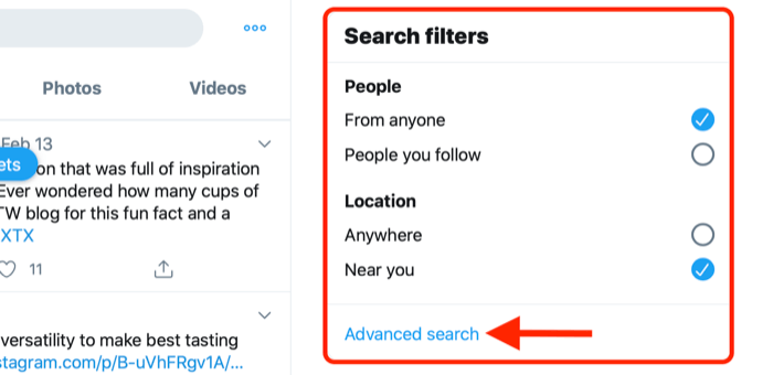 skärmdump som visar länken för avancerad sökning i rutan för sökfilter för Twitter