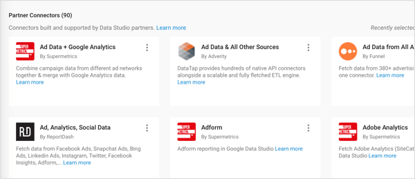 Google Data Studio erbjuder partneranslutningar byggda av tredjepartspartners.