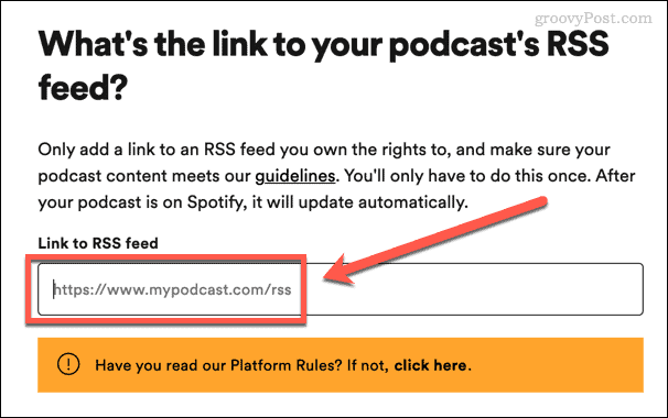 skriv in ditt rss-flöde för podcast i spotify