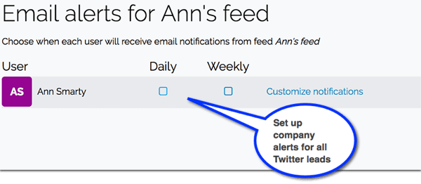 I Leadfeeder, konfigurera e-postaviseringar för nya leads som kommer från Twitter.