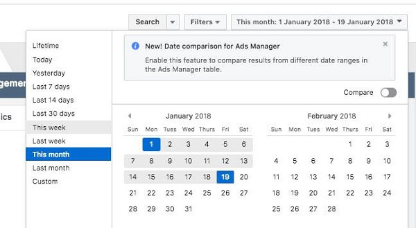Facebook lanserade två nya rapporteringsfunktioner i Ads Manager, datumjämförelse och kreativ rapportering.