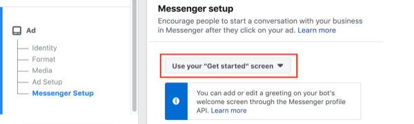 Facebook Click to Messenger-annonser, steg 2.