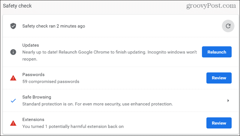 Chrome-säkerhetskontrollresultat