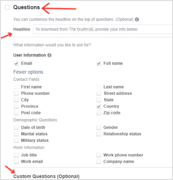 Facebook-ledningsannonsvalfrågor