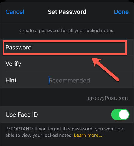 iphone ange lösenord för anteckningar