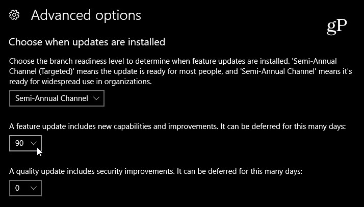 Välj fördröjning av Feature Update Windows 10