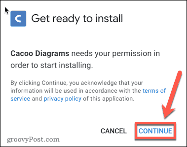 Bekräftar installationen av Google Docs Cacoo-tillägget