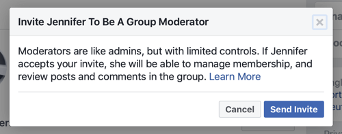 Hur du förbättrar din Facebook-gruppgemenskap, exempel på Facebook-meddelandet när en medlem väljs till gruppmoderator