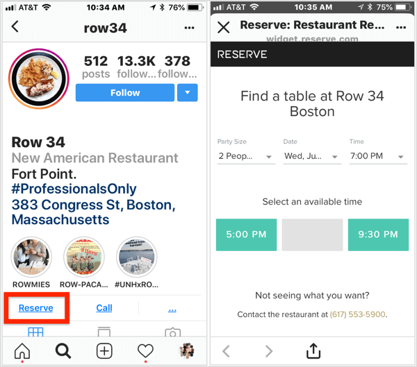 Klicka på knappen Reservera på restaurangens Instagram-företagsprofil för att göra en bokning. 