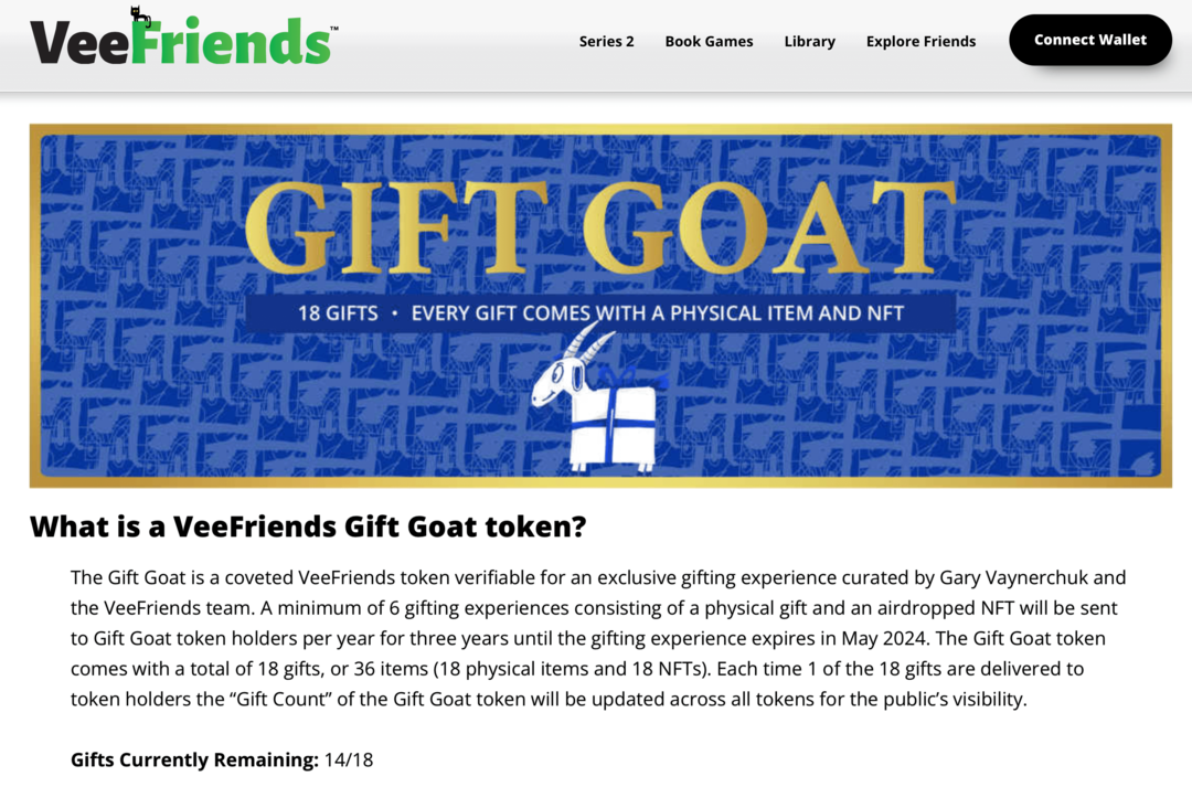 bild av fördelarna med VeeFriends Gift Goat-token på VeeFriends webbplats