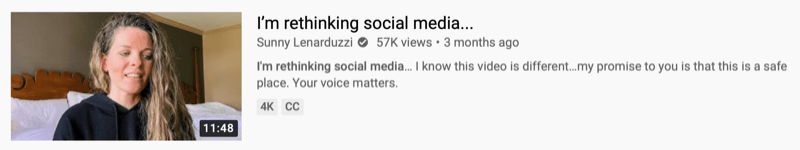 youtube-videoexempel av @sunnylenarduzzi om 'jag tänker om på sociala medier ...'