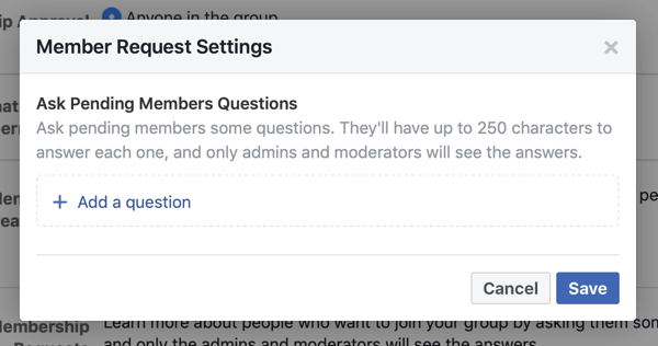 Hur du förbättrar din Facebook-gruppgemenskap, exempel på inställningar för begäran av Facebook-gruppmedlemmar som möjliggör nya medlemsfrågor
