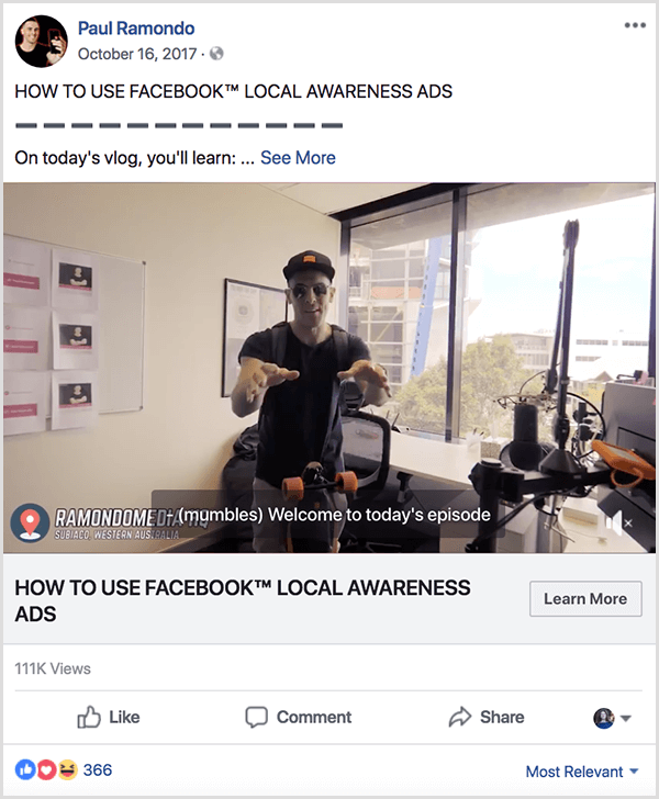Paul Ramondo-vlog som publicerats på Facebook har texten Hur man använder Facebook Local Awareness Ads. Under denna rubrik finns texten On Today's Vlog, You’re Learn... Videon visar Paul stå bakom ett L-format skrivbord i ett fönsterkontor. Han har på sig en basebollkeps och svart t-shirt.