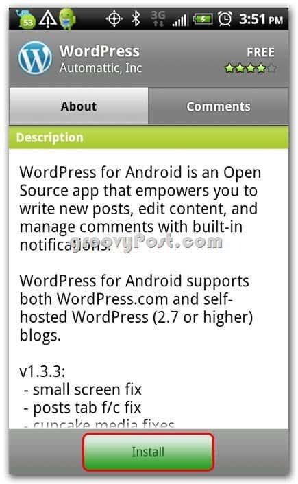 Wordpress på Android-skärmen