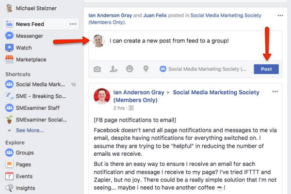 Facebook tillåter nu användare att posta direkt i grupper från nyhetsflödet.